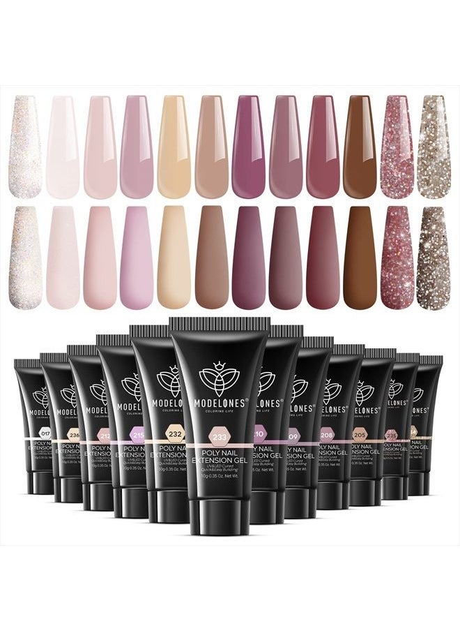 modelones - Poly Extension Gel Kit for Nail, 12 Colors Pink Nude Tones Poly Nail Gel Set Builder Nail Extension Gel Glitter Fall Winter Gentle Colors French Manicure DIY Design Nail Art Home Salon Beaut - Image 1