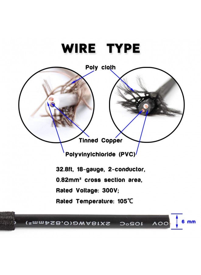 PRUNLLA 32.8ft Fabric Cloth Covered Round Wire,PRUNLLA Vintage 18/2 Industrial Electrical Lamp Cord, 18-Gauge Antique Style for Retro Lamp, DIY Projects (Black) - Image 2