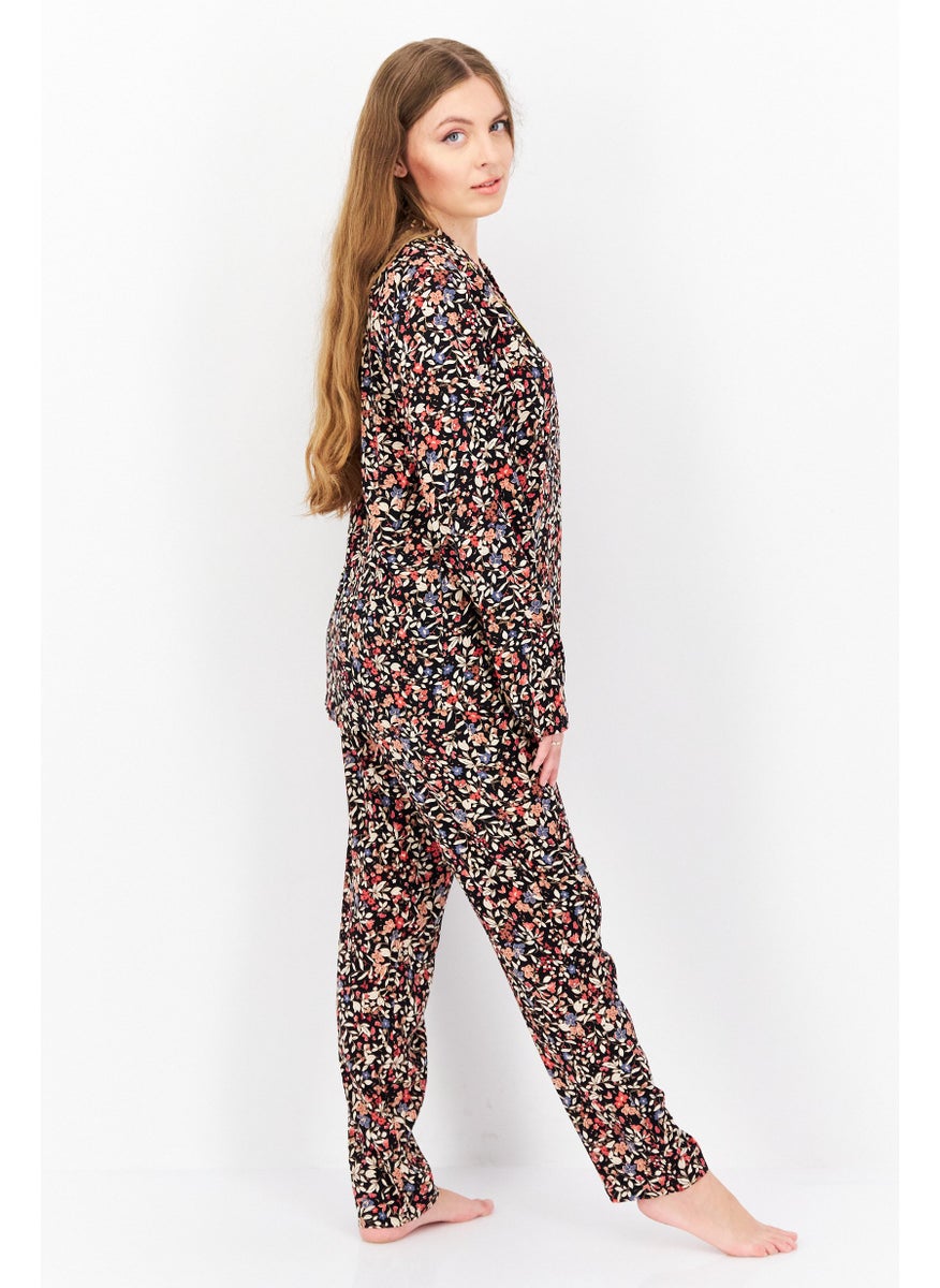 TRIUMPH Women 2 Pcs Floral Print Top And Bottom Pajama Set, Black Combo  - Image 3