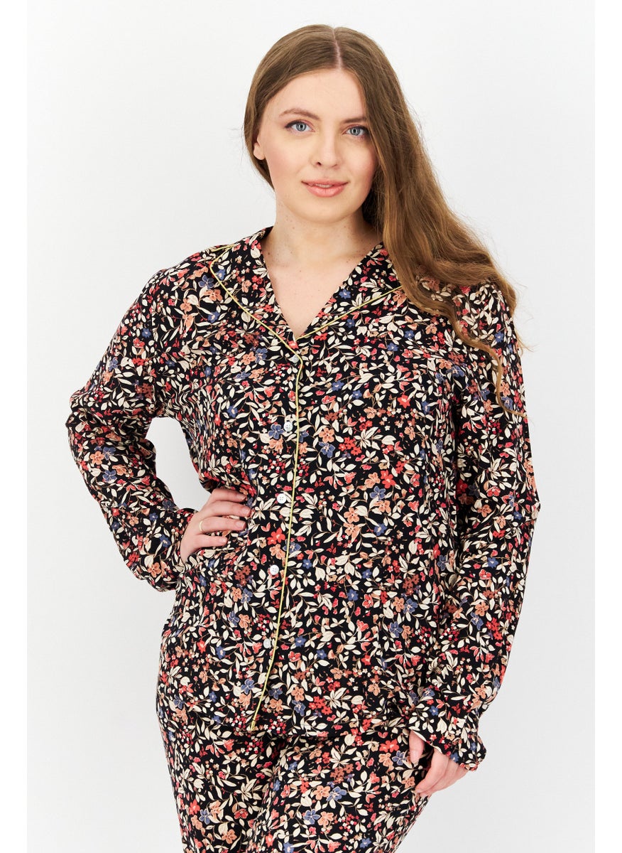TRIUMPH Women 2 Pcs Floral Print Top And Bottom Pajama Set, Black Combo  - Image 4