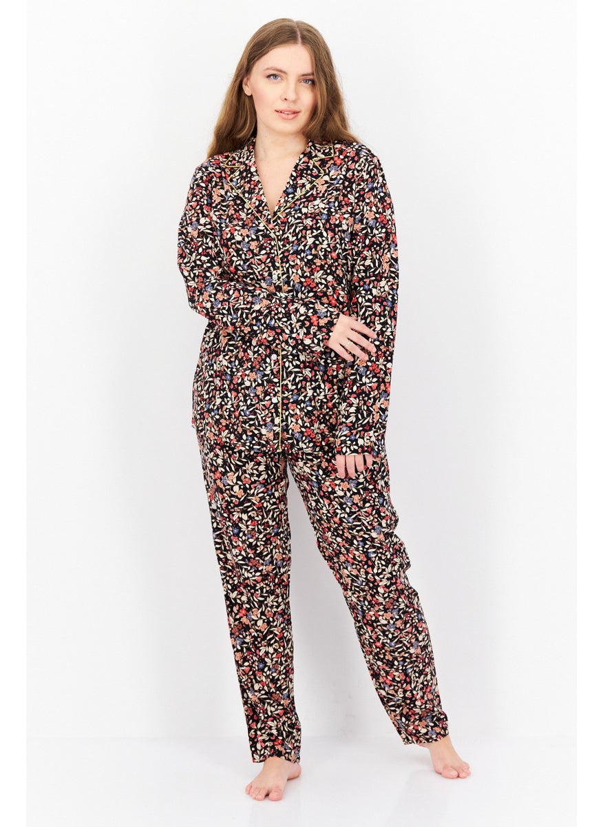 TRIUMPH Women 2 Pcs Floral Print Top And Bottom Pajama Set, Black Combo  - Image 1