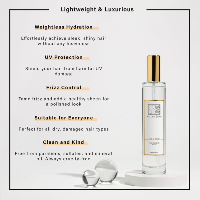 Nature Elixir DAILY DRIP Weightless Hair Oil with UV Protection - Hair Treatment Oil, Moisture and Anti Frizz Control Oil for Hair Dry - 3.4oz | 100ml - Image 2