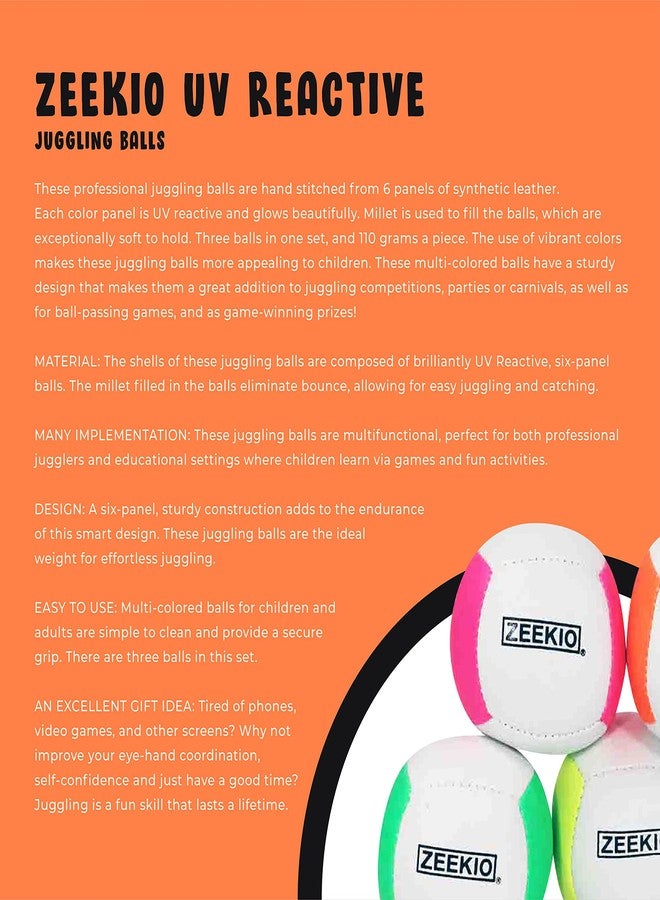 Zeekio Lunar Juggling Balls - [Set of 3], Professional UV Reactive, 6-Panel Balls, Synthetic Leather, Millet Filled, 110g Each, White/Blue - Image 3