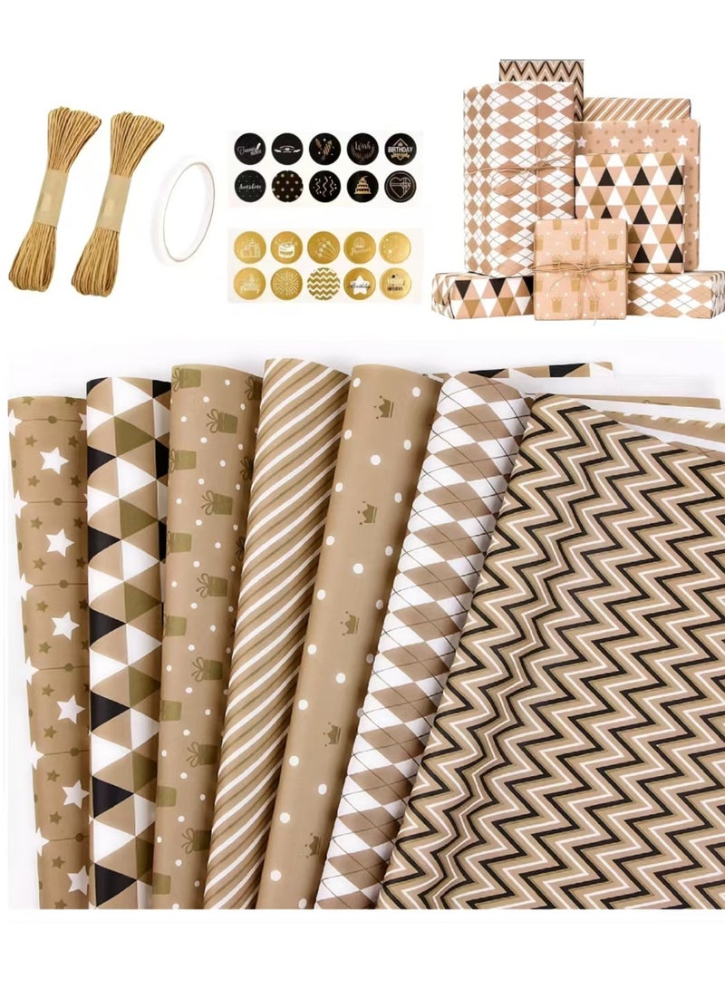 مجموعة من 7 ورقات تغليف هدايا مع شريط لاصق، مجموعة تغليف هدايا متينة لحفلات أعياد الميلاد وعيد الحب وحفلات الزفاف وحفلات استقبال المولود الجديد وحفلات الزفاف والتخرج 50 سم × 70 سم - Image 1