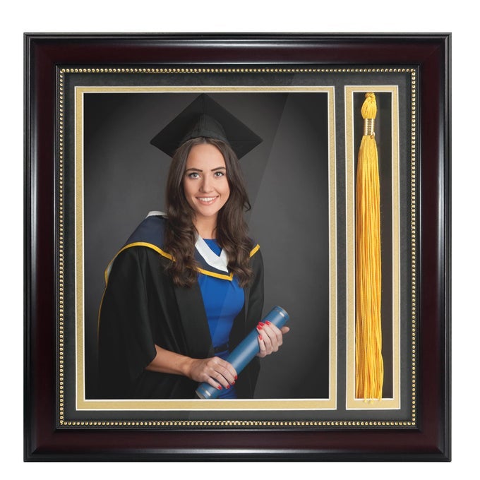 GRADUATION PHOTO SHADOW BOX FRAME WITH TASSEL HOLDER FOR 8X10 PICTURESREAL GLASSBLACK OVER GOLD DOUBLE MATWALL TABLETOP DESIGN