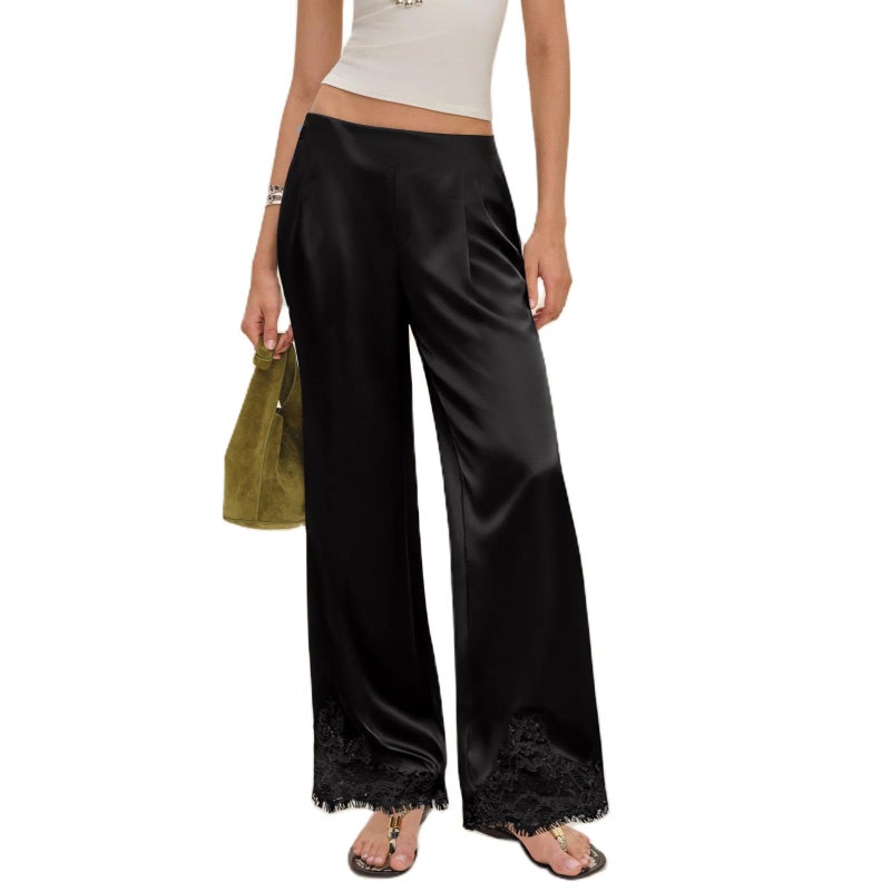 SOOKABEILA Women Satin Silk Lace Trim Pants Y2k Elastic Waist Wide Leg Pj Lounge Boxer Bottoms Trendy Causal Trousers (Black,S) - Image 1