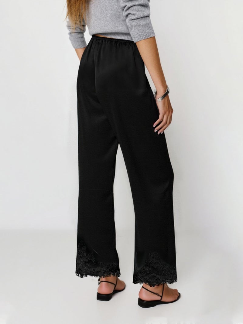 SOOKABEILA Women Satin Silk Lace Trim Pants Y2k Elastic Waist Wide Leg Pj Lounge Boxer Bottoms Trendy Causal Trousers (Black,S) - Image 2