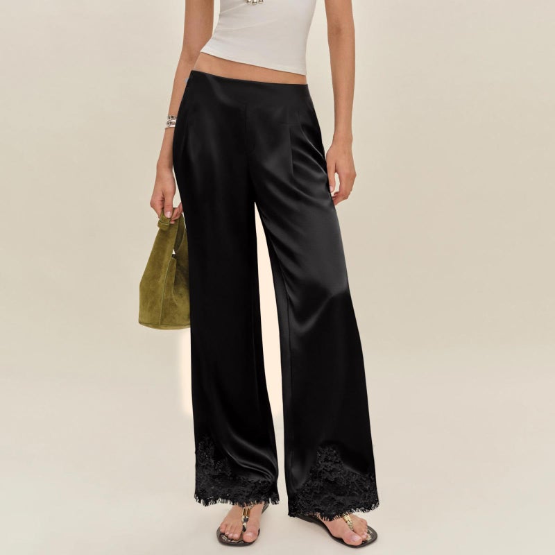 SOOKABEILA Women Satin Silk Lace Trim Pants Y2k Elastic Waist Wide Leg Pj Lounge Boxer Bottoms Trendy Causal Trousers (Black,S) - Image 3