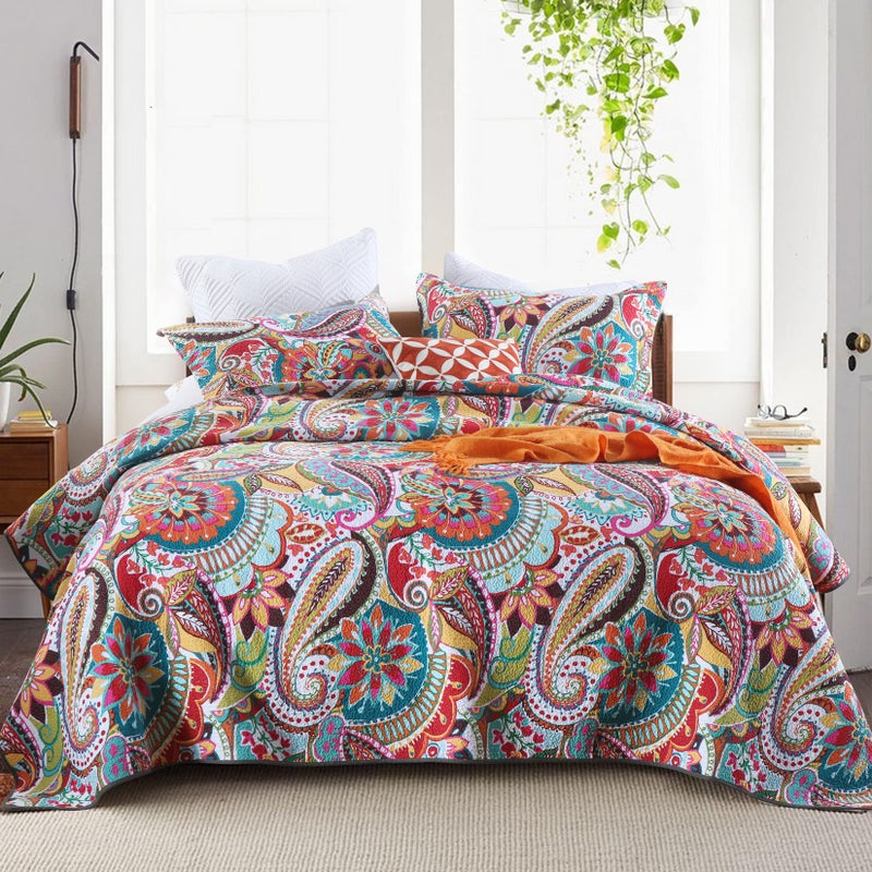 Qucover Quilted Bedspreads Quilt Set 230x250 cm 3PCs Soft Cotton Orange Floral Paisley Pattern King Size Bedspread Gorgeous Summer Bedspread and Comforter with 2 Pillowcases for All Seasons