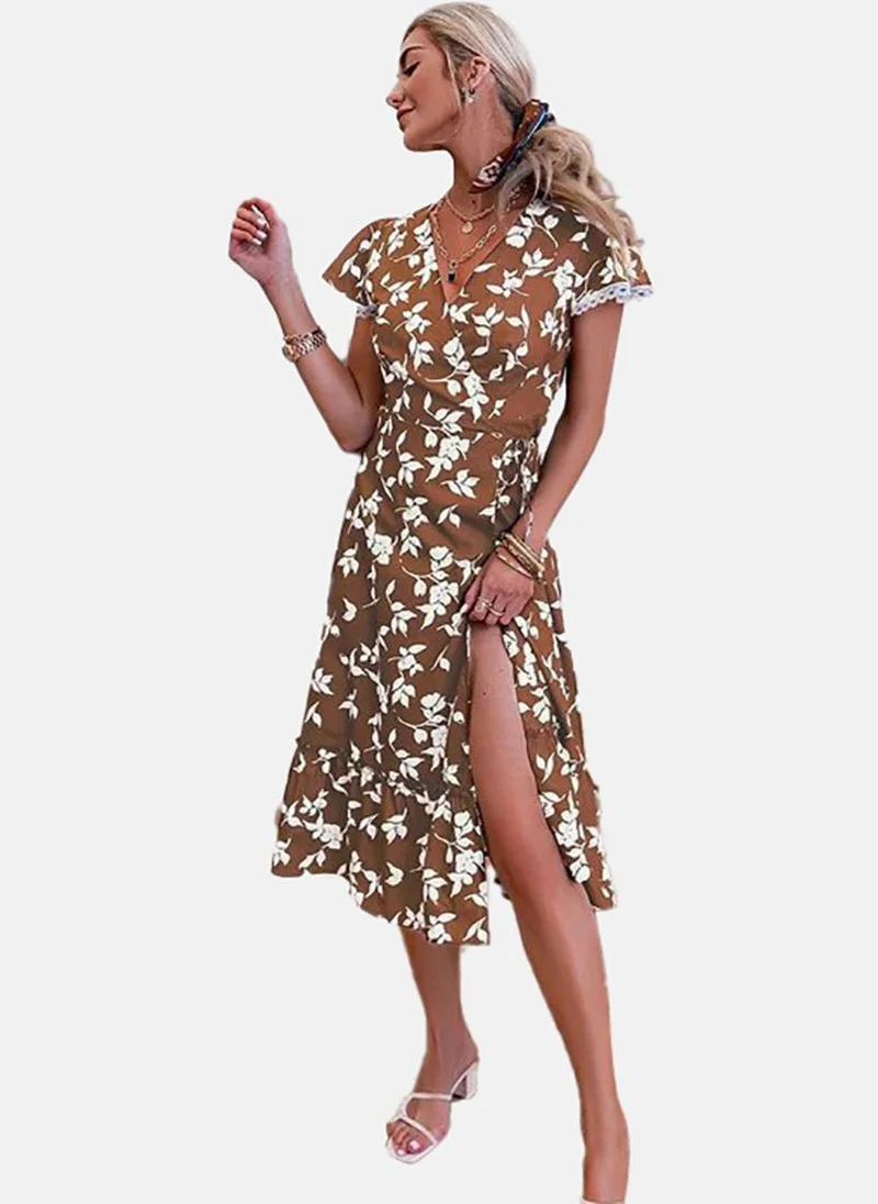 يونيكي Brown Basic Floral V Neck Half Sleeve Dress