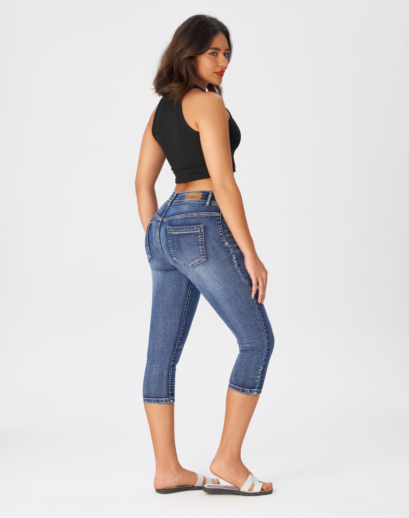 roswear Womenâ€™s Capri Pants Trendy Mid Rise Skinny Stretchy Front Seam Denim Jeans Blue Large - Image 3