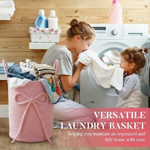 Glooglitter Pink Bow Laundry Basket Large Cotton Rope Storage Basket 16'' x 22'' Woven Laundry Hamper with Handles for Clothes Blanket Pillow Towels Living Room Bathroom Decor - Image 4