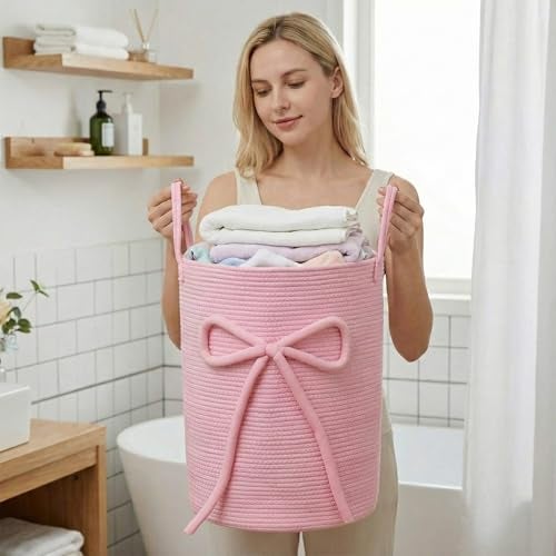 Glooglitter Pink Bow Laundry Basket Large Cotton Rope Storage Basket 16'' x 22'' Woven Laundry Hamper with Handles for Clothes Blanket Pillow Towels Living Room Bathroom Decor - Image 2