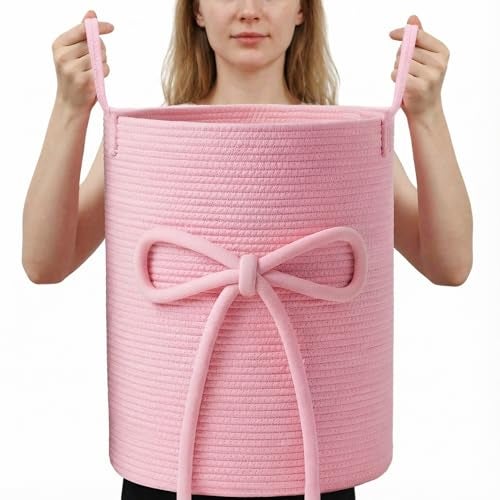 Glooglitter Pink Bow Laundry Basket Large Cotton Rope Storage Basket 16'' x 22'' Woven Laundry Hamper with Handles for Clothes Blanket Pillow Towels Living Room Bathroom Decor - Image 1