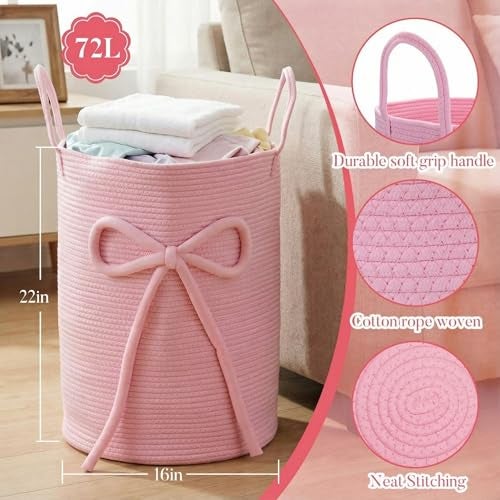 Glooglitter Pink Bow Laundry Basket Large Cotton Rope Storage Basket 16'' x 22'' Woven Laundry Hamper with Handles for Clothes Blanket Pillow Towels Living Room Bathroom Decor - Image 3