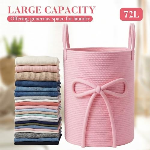 Glooglitter Pink Bow Laundry Basket Large Cotton Rope Storage Basket 16'' x 22'' Woven Laundry Hamper with Handles for Clothes Blanket Pillow Towels Living Room Bathroom Decor - Image 5