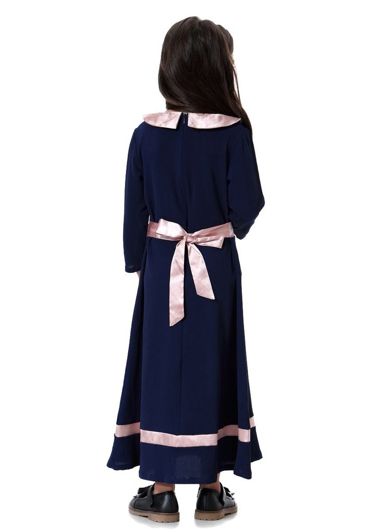 Loquat Girl's Round Neck Long Sleeve Maxi Dress With Belt Navy Blue/Pink  - Image 2