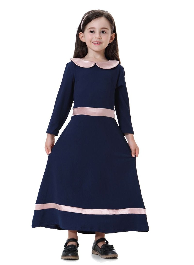 Loquat Girl's Round Neck Long Sleeve Maxi Dress With Belt Navy Blue/Pink  - Image 1