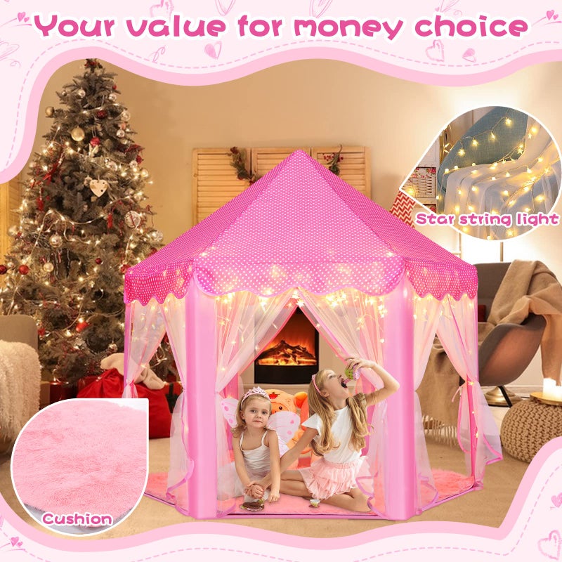 Monobeach Princess Tent Girls Large Playhouse Kids Castle Play Tent with Star Lights Toy for Children Indoor and Outdoor Games, 55'' x 53'' (DxH) (Pink Princess Tent with Play Mat) - Image 2