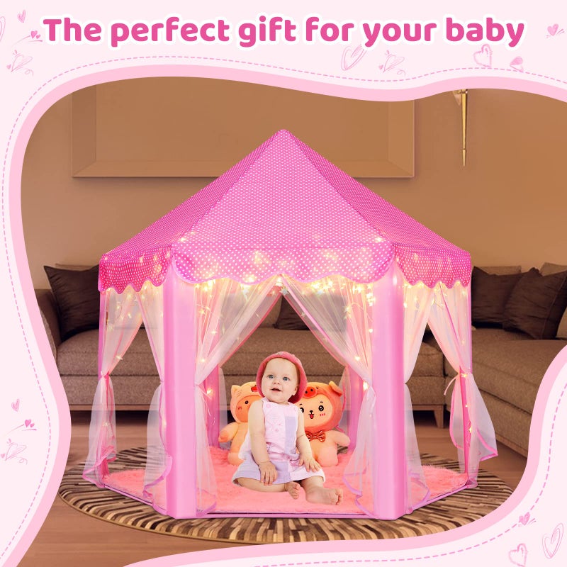 Monobeach Princess Tent Girls Large Playhouse Kids Castle Play Tent with Star Lights Toy for Children Indoor and Outdoor Games, 55'' x 53'' (DxH) (Pink Princess Tent with Play Mat) - Image 3