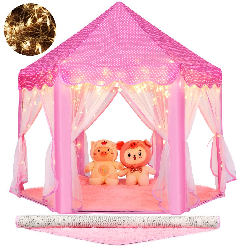 Monobeach Princess Tent Girls Large Playhouse Kids Castle Play Tent with Star Lights Toy for Children Indoor and Outdoor Games, 55'' x 53'' (DxH) (Pink Princess Tent with Play Mat) - Image 1