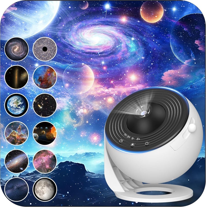 Shopper52 360° Rotating Galaxy Star Projector Night Light, 3-Speed Control with Timer, White Space Theme Mood Lamp for Bedroom, 12 Replaceable Projection Discs - Image 1