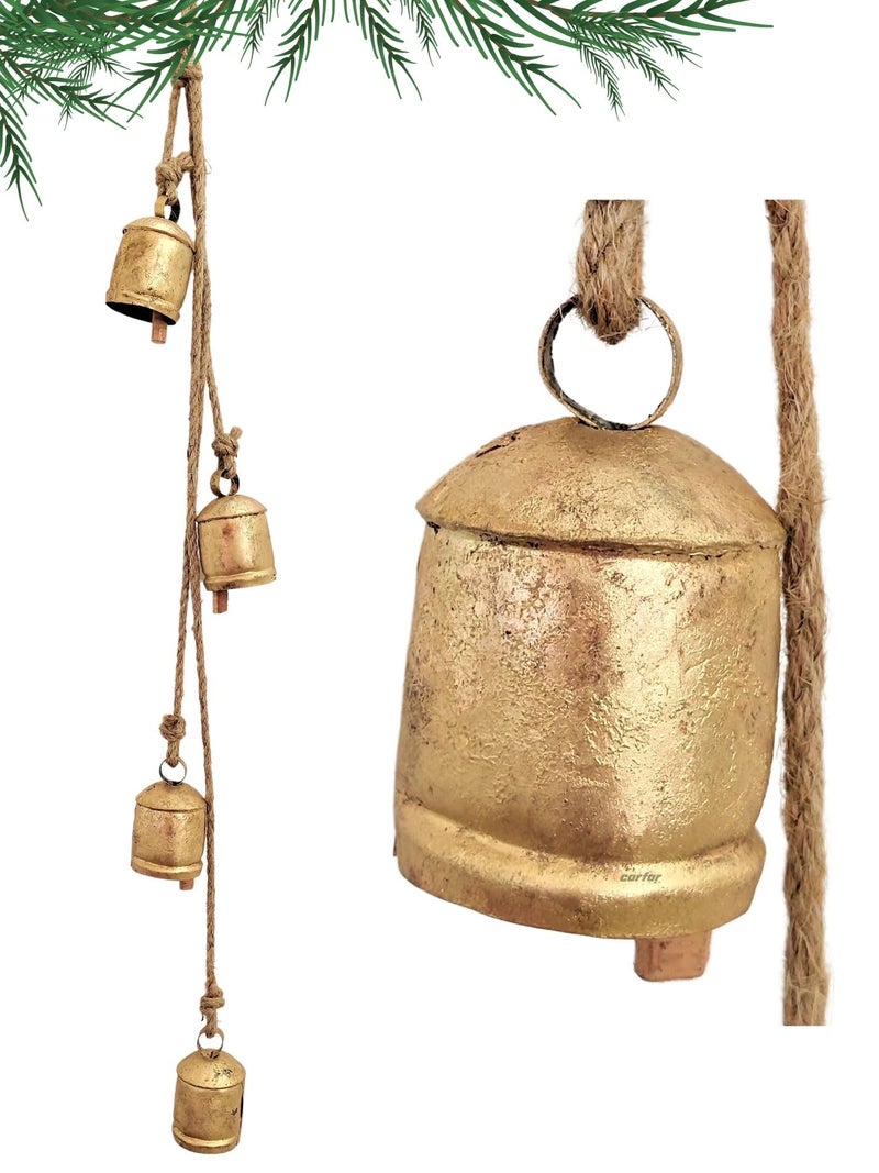 Carfar Carfar Rustic Style 4 Bells Cluster Handmade Metal Harmony Christmas Hanging Cow Bells on Jute Rope Cylinder 