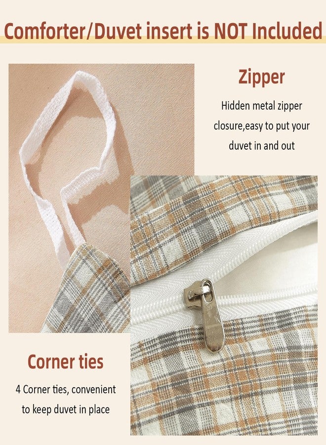 EAVD Retro Tan Gingham Duvet Cover Queen Khaki Brown Grid Plaid Bedding Set Soft 100% Washed Cotton Like Linen Feel Soft 3-Piece Brown Vintage Checkered Plaid Duvet Cover with Zipper Closure - Image 3