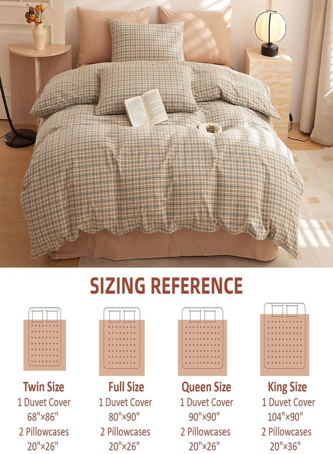 EAVD Retro Tan Gingham Duvet Cover Queen Khaki Brown Grid Plaid Bedding Set Soft 100% Washed Cotton Like Linen Feel Soft 3-Piece Brown Vintage Checkered Plaid Duvet Cover with Zipper Closure - Image 4