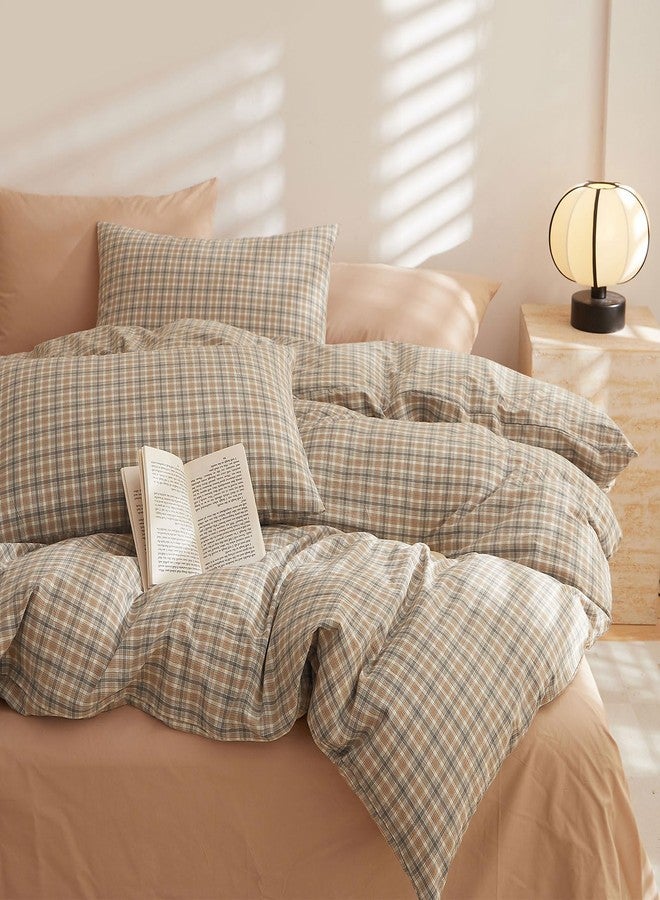 EAVD Retro Tan Gingham Duvet Cover Queen Khaki Brown Grid Plaid Bedding Set Soft 100% Washed Cotton Like Linen Feel Soft 3-Piece Brown Vintage Checkered Plaid Duvet Cover with Zipper Closure - Image 1