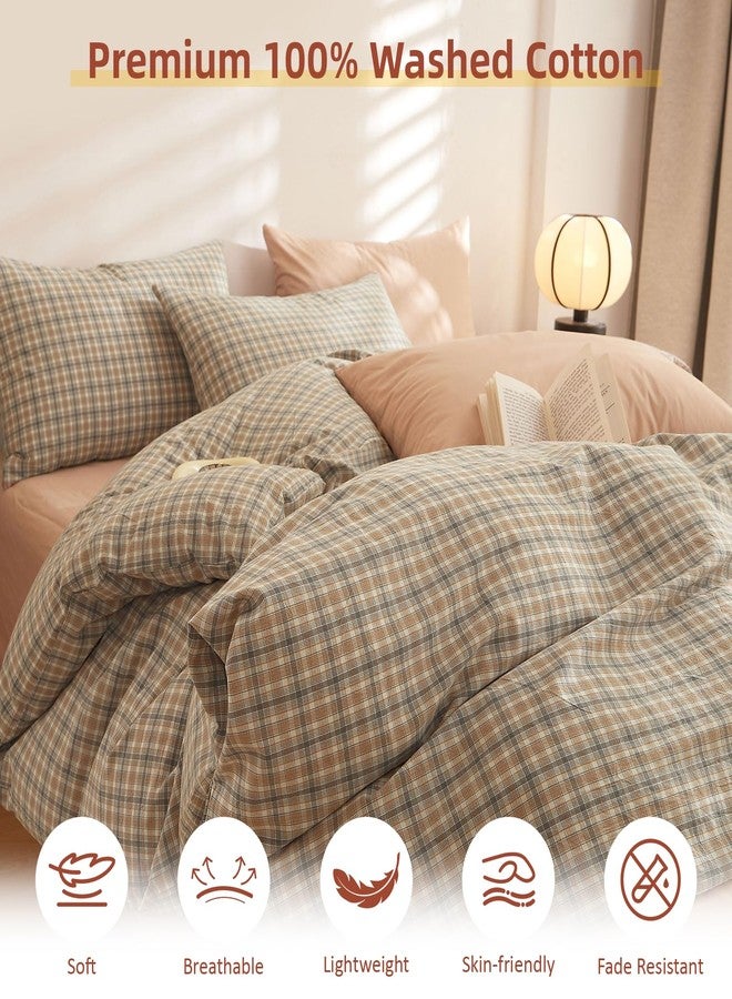 EAVD Retro Tan Gingham Duvet Cover Queen Khaki Brown Grid Plaid Bedding Set Soft 100% Washed Cotton Like Linen Feel Soft 3-Piece Brown Vintage Checkered Plaid Duvet Cover with Zipper Closure - Image 2