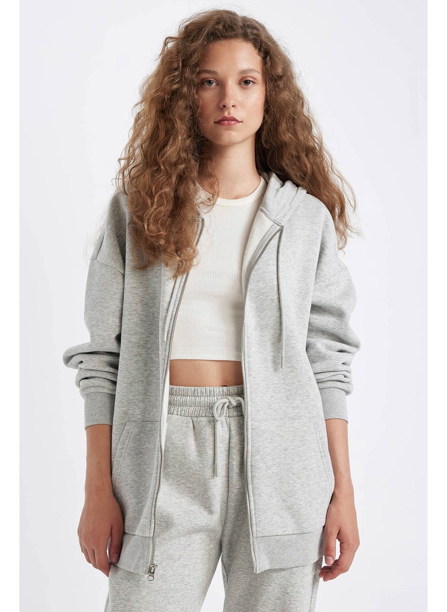 DeFacto Woman Oversize Fit Hooded Kangaroo Pocket Basic Zippered Sweatshirt  - Image 1
