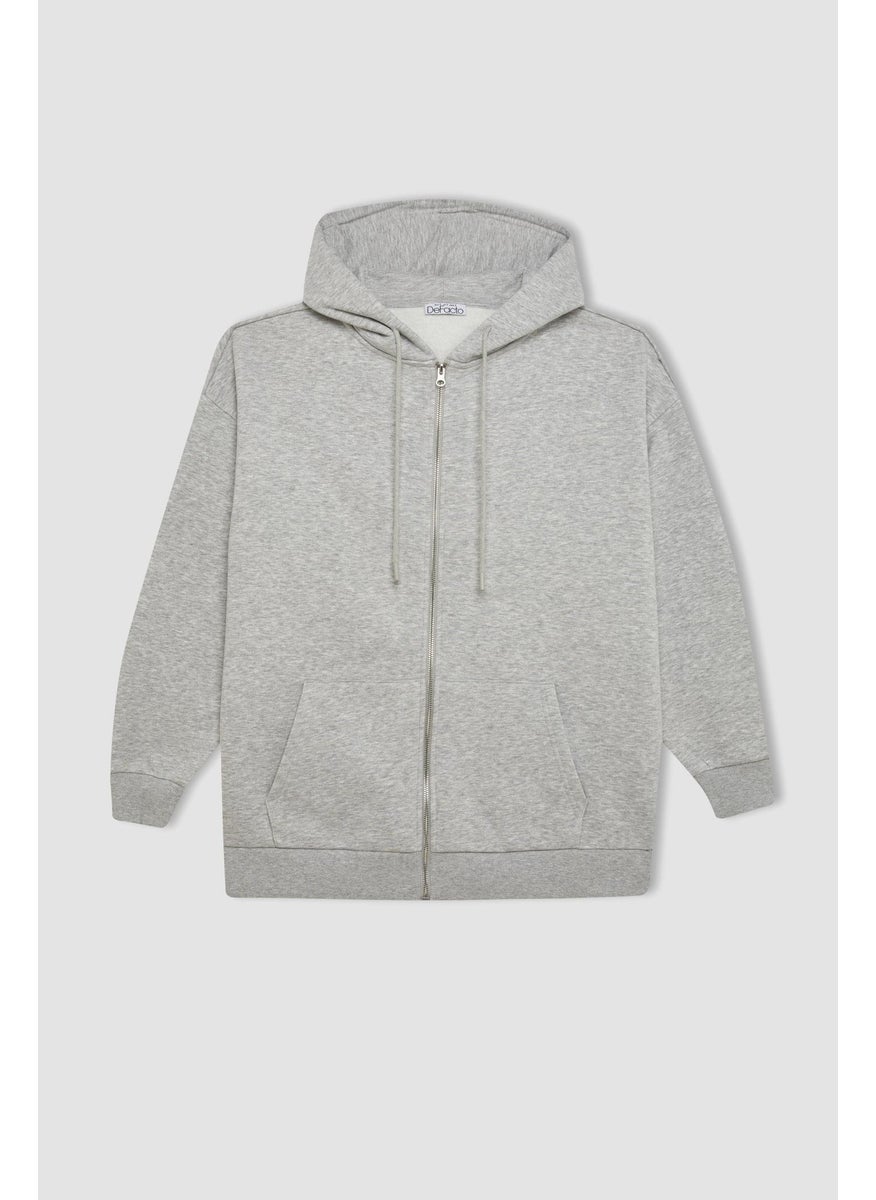 DeFacto Woman Oversize Fit Hooded Kangaroo Pocket Basic Zippered Sweatshirt  - Image 3