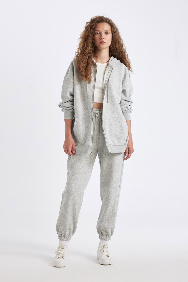 DeFacto Grey Woman Oversize Fit Hooded Kangaroo Pocket Basic Zippered Sweatshirt Casual - Image 2