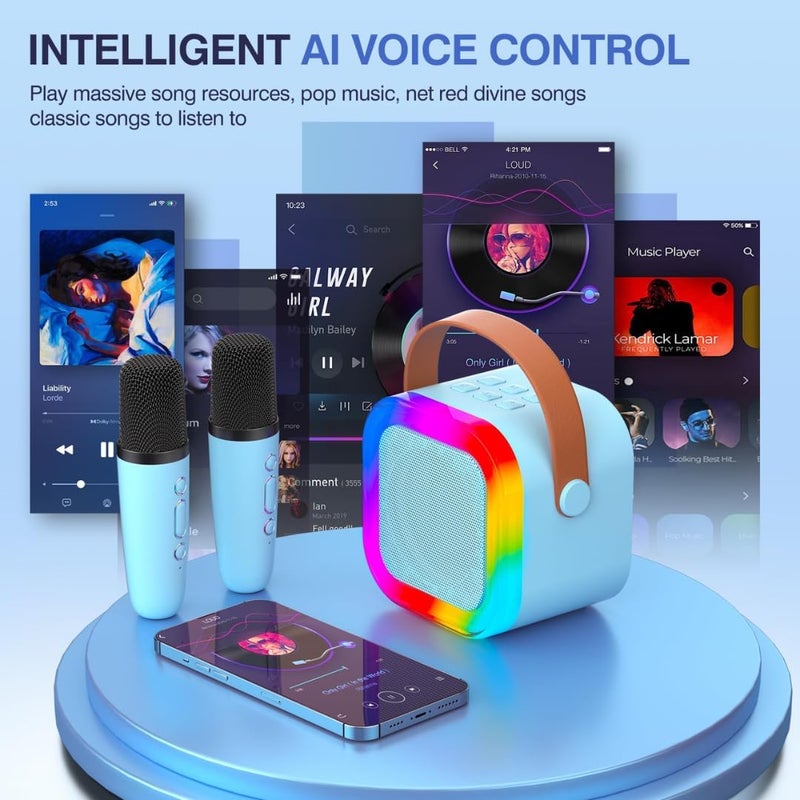 MB® Karaoke Machine for Kids, RECHARGEABLE Mini Portable Bluetooth Speaker with 2 Wireless Microphones, Mini Kids Karaoke Machine (BLUE) - Image 4