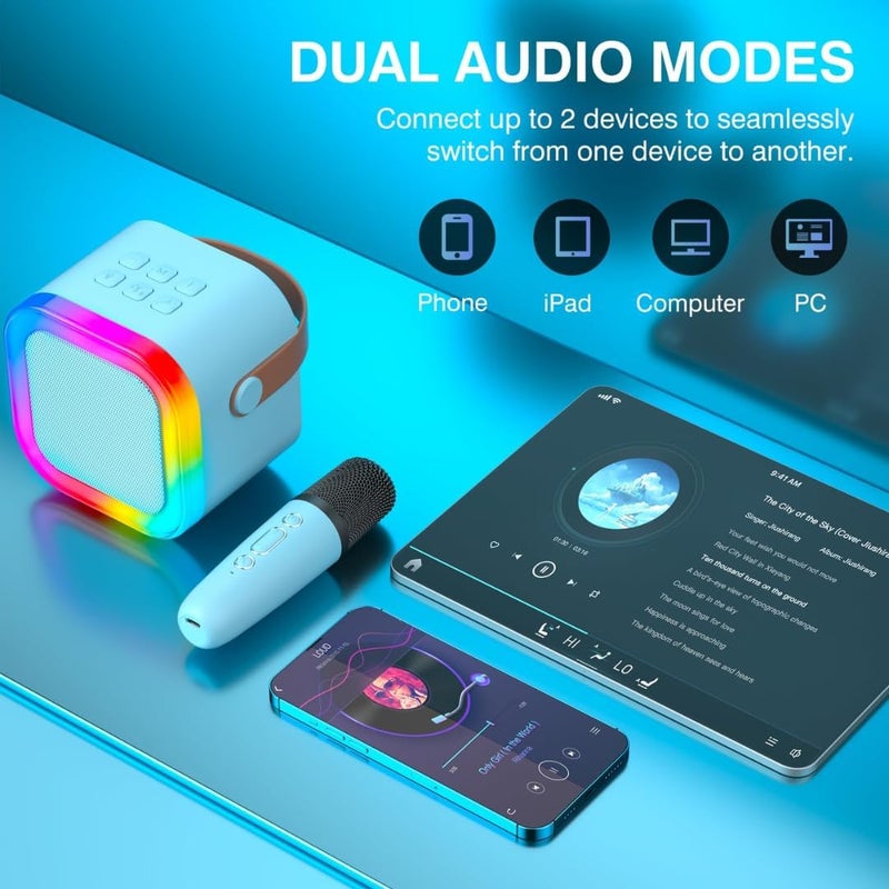 MB® Karaoke Machine for Kids, RECHARGEABLE Mini Portable Bluetooth Speaker with 2 Wireless Microphones, Mini Kids Karaoke Machine (BLUE) - Image 2