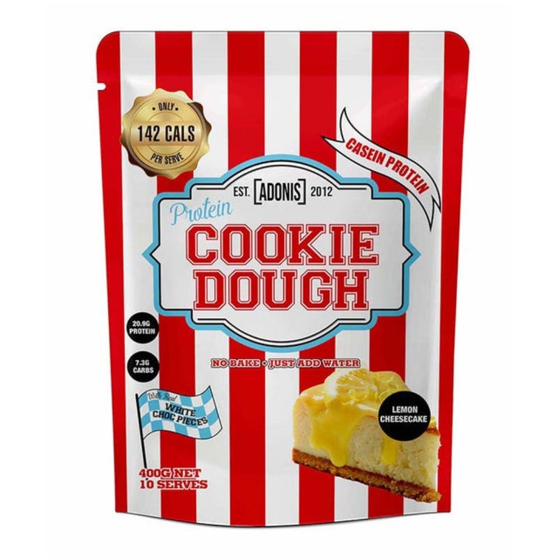 آدونیس عجينة كوكيز البروتين، كوكيز تشيز كيك الليمون، 400 غرام - بروتين الكازين الممتاز، منخفض الكربوهيدرات، وجبة خفيفة غنية بالبروتين مع قطع الشوكولاتة الحقيقية