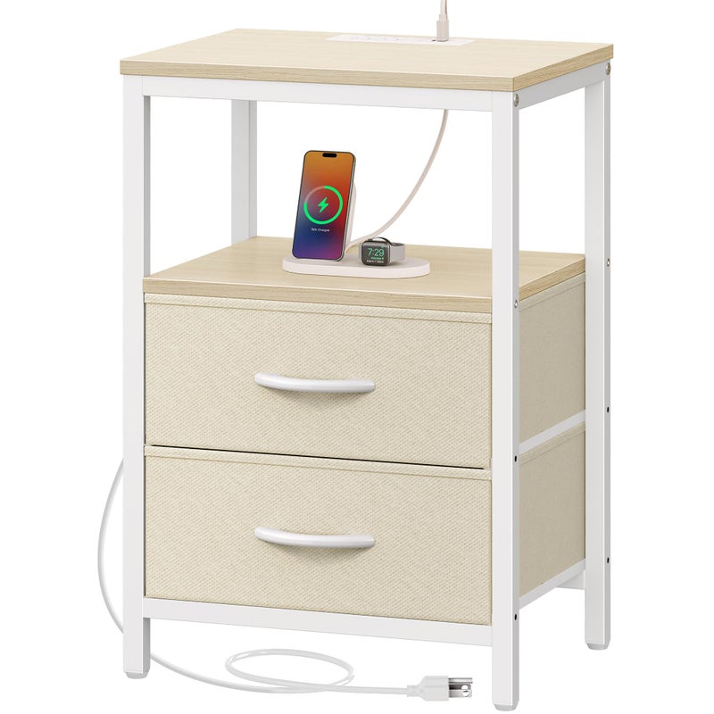 Huuger Nightstand with Charging Station, Side Table with Fabric Drawers, End Table with Open Shelf, Bedside Table with USB Ports and Outlets, Night Stand for Bedroom, White Marple - Image 1