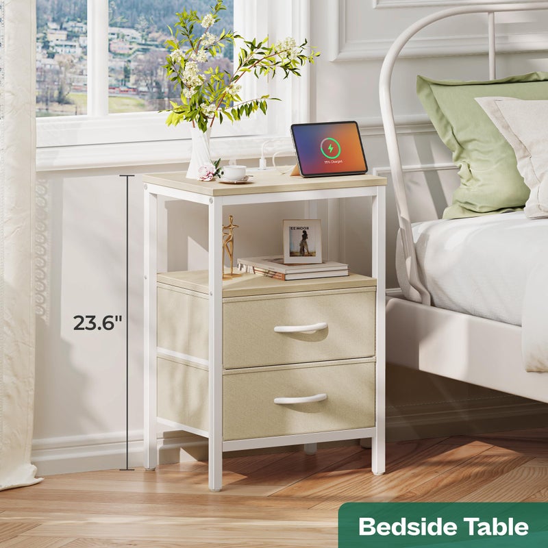 Huuger Nightstand with Charging Station, Side Table with Fabric Drawers, End Table with Open Shelf, Bedside Table with USB Ports and Outlets, Night Stand for Bedroom, White Marple - Image 2