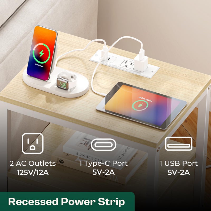 Huuger Nightstand with Charging Station, Side Table with Fabric Drawers, End Table with Open Shelf, Bedside Table with USB Ports and Outlets, Night Stand for Bedroom, White Marple - Image 3