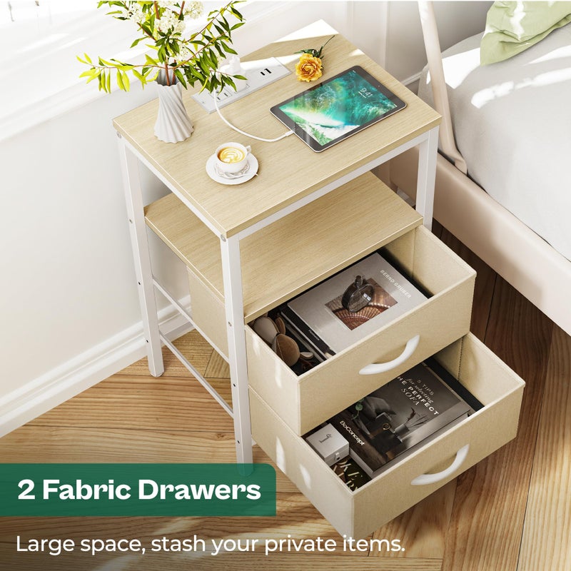 Huuger Nightstand with Charging Station, Side Table with Fabric Drawers, End Table with Open Shelf, Bedside Table with USB Ports and Outlets, Night Stand for Bedroom, White Marple - Image 4