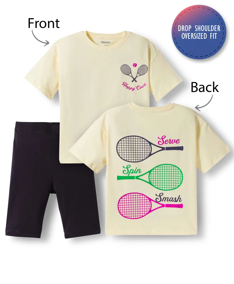 Primo Gino Primo Gino Cotton Half Sleeve Oversized Printed T-Shirt & Short Set - Off White & Black