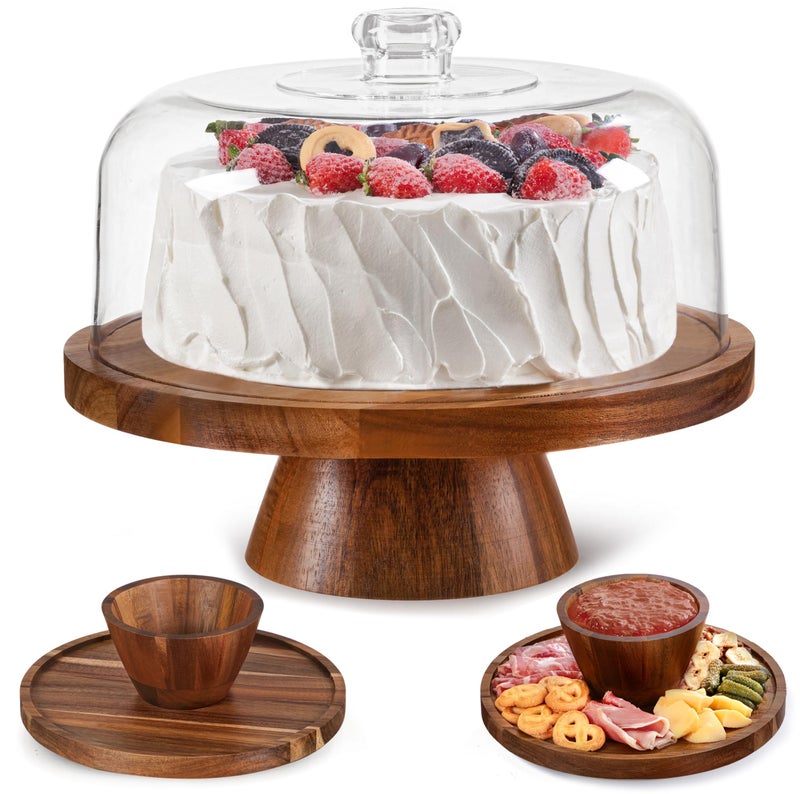 Famyards Farmyards Acacia Wood Cake Stand with Acrylic Dome Lid - 12in Acacia Wood 2-in-1 Footed Round Cake Holder, Cake Plate Display with Cover for Baking Gifts, Large Dessert Table Display Set & Charcuterie Board for Parties - Image 1