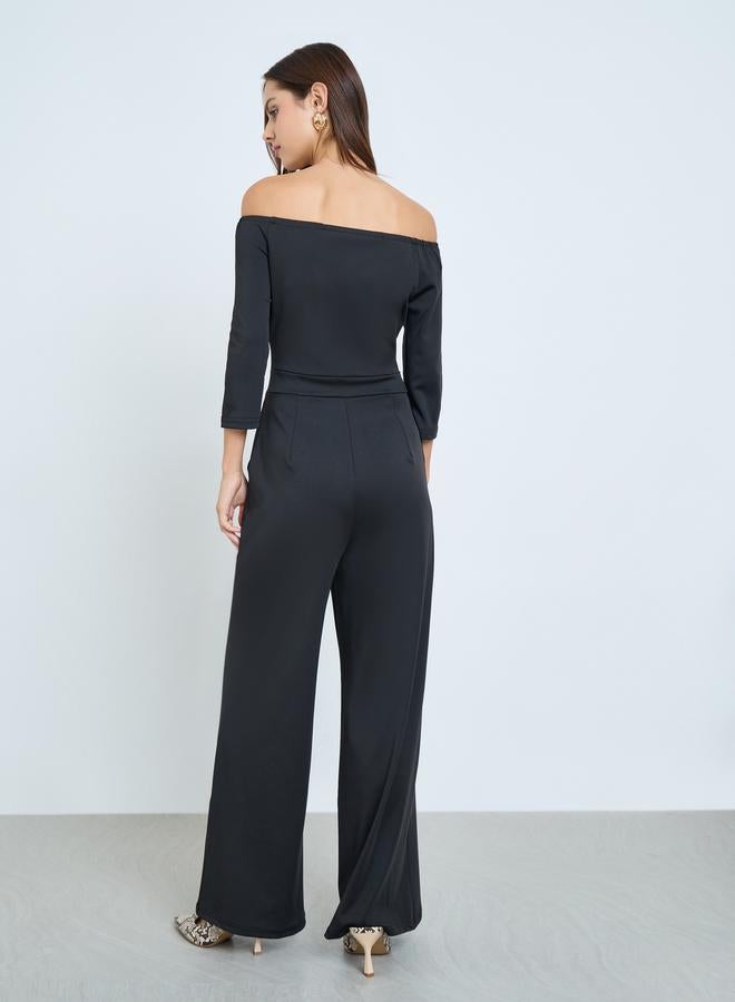 تايك تو جمبسوت بأكتاف مكشوفة وأرجل واسعة أسود - Image 5