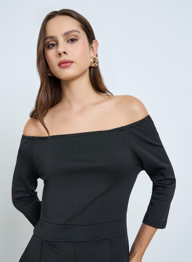 تايك تو جمبسوت بأكتاف مكشوفة وأرجل واسعة أسود - Image 3