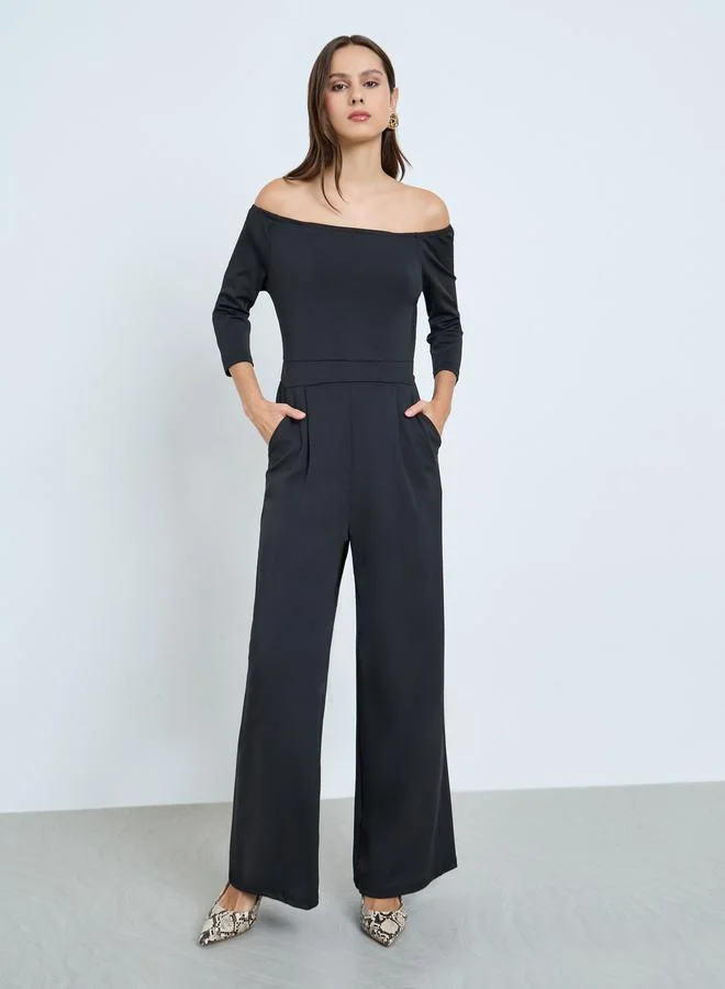 Take Two Black Off Shoulder Wide Leg Jumpsuit