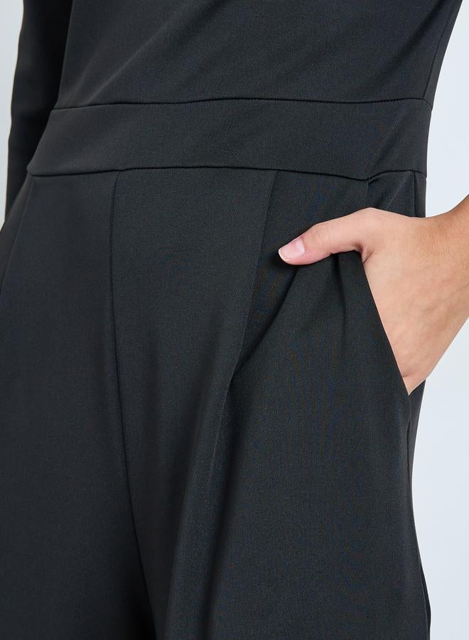 تايك تو جمبسوت بأكتاف مكشوفة وأرجل واسعة أسود - Image 4