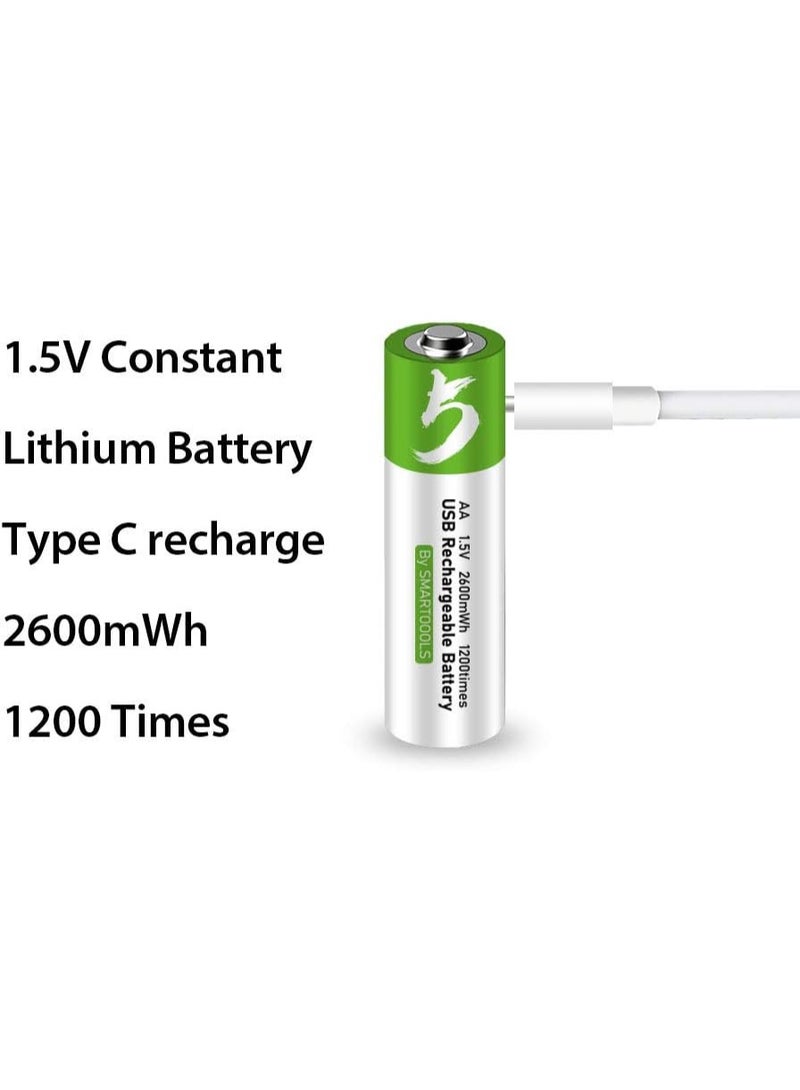 USB AA Lithium ion Rechargeable Battery, High Capacity 1.5V 2600mWh Rechargeable AA Battery, 1.5 H Fast Charge, 1200 Cycle with Type C Port Cable, Constant Output,4-Pack - Image 2