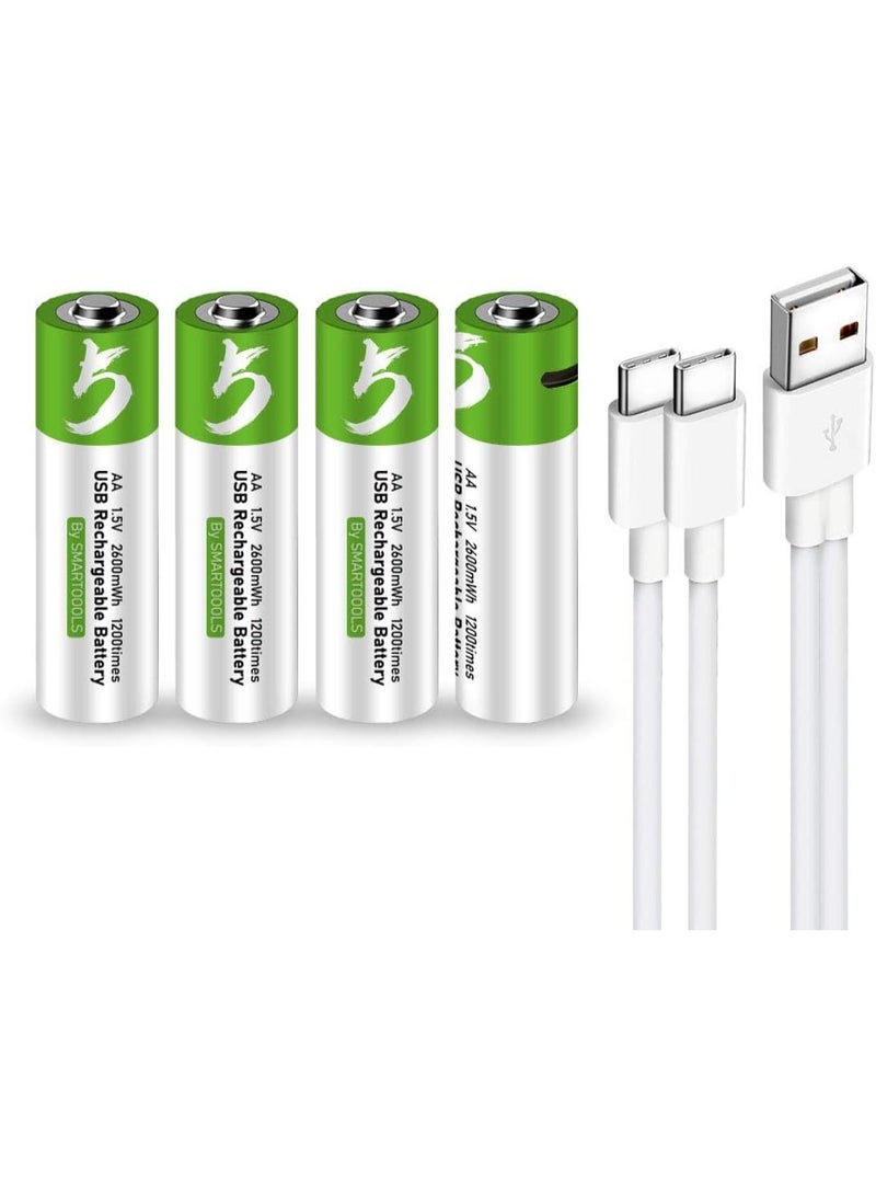USB AA Lithium ion Rechargeable Battery, High Capacity 1.5V 2600mWh Rechargeable AA Battery, 1.5 H Fast Charge, 1200 Cycle with Type C Port Cable, Constant Output,4-Pack - Image 1