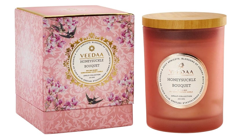 VEEDAA Ruby Peony Honeysuckle Czech Glass Soy Scented Candle Burns 30 Hours